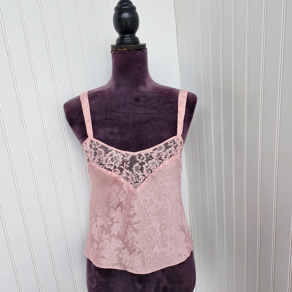 VTG Victorias Secret Pink Jacquard Cami Top Satin Gold Label Strappy Sz P XS - Picture 1 of 11